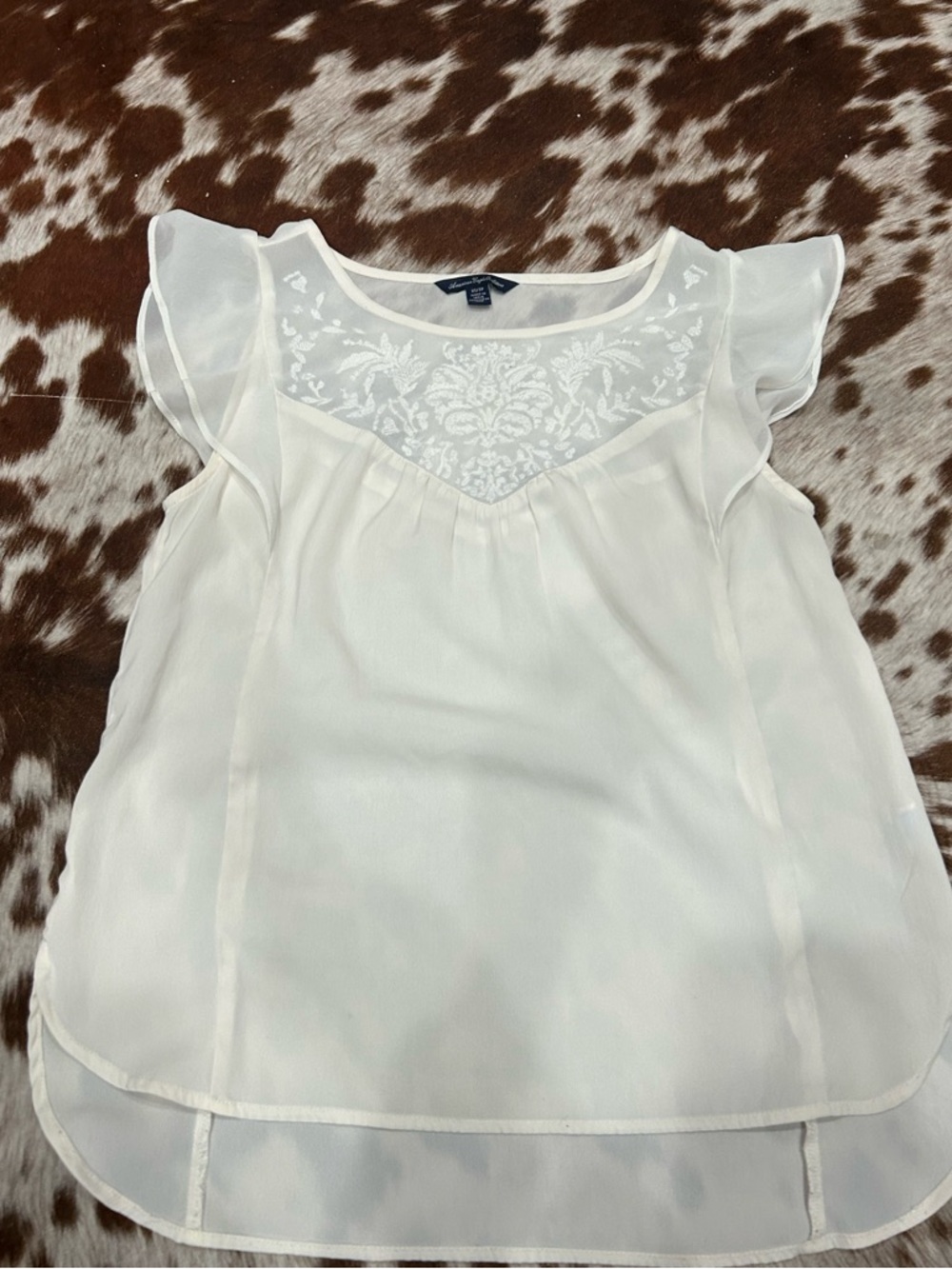 American Eagle Outfitters Cream Sheer Embroidered Flutter tank top XS